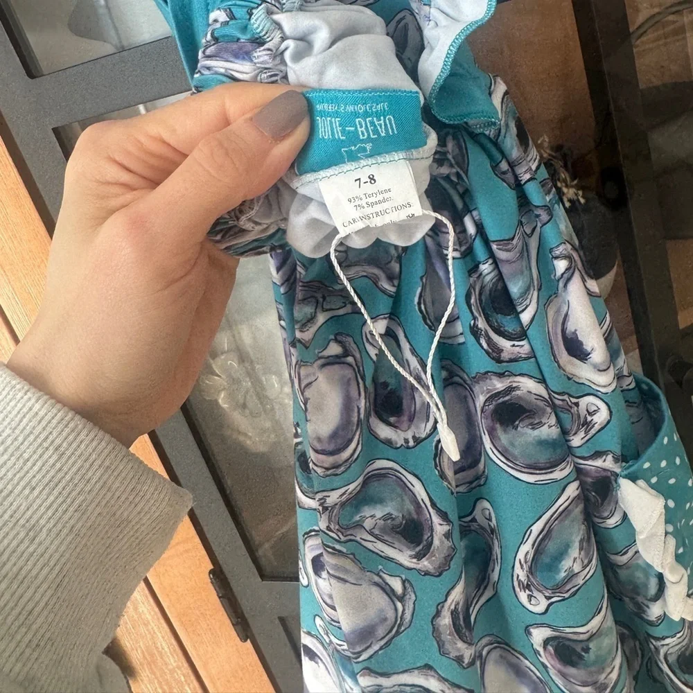 Oysters watercolor print dress girls louisiana gulf coastal beach ruffle bow